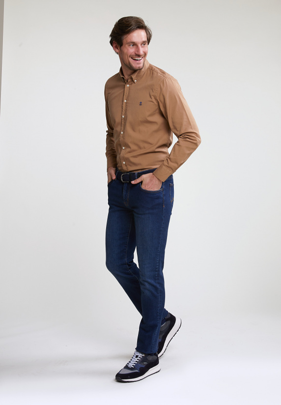 River Woods Custom Fit Effen Katoenen Hemd Caramel