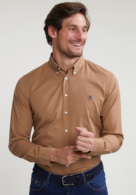 river woods Custom fit effen katoenen hemd caramel