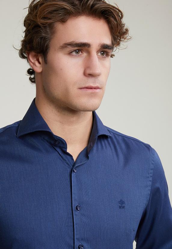 River Woods Custom Fit Effen Stretch Hemd Blauw