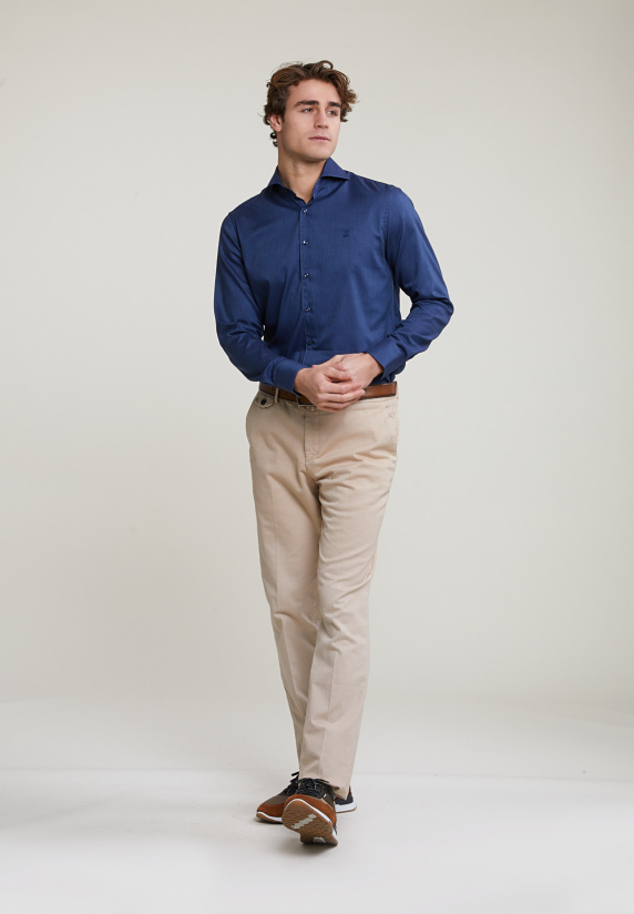 River Woods Custom Fit Effen Stretch Hemd Blauw