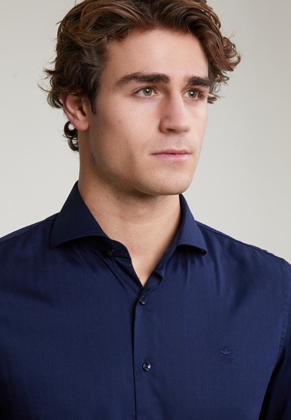 River Woods Custom Fit Effen Stretch Hemd Blauw