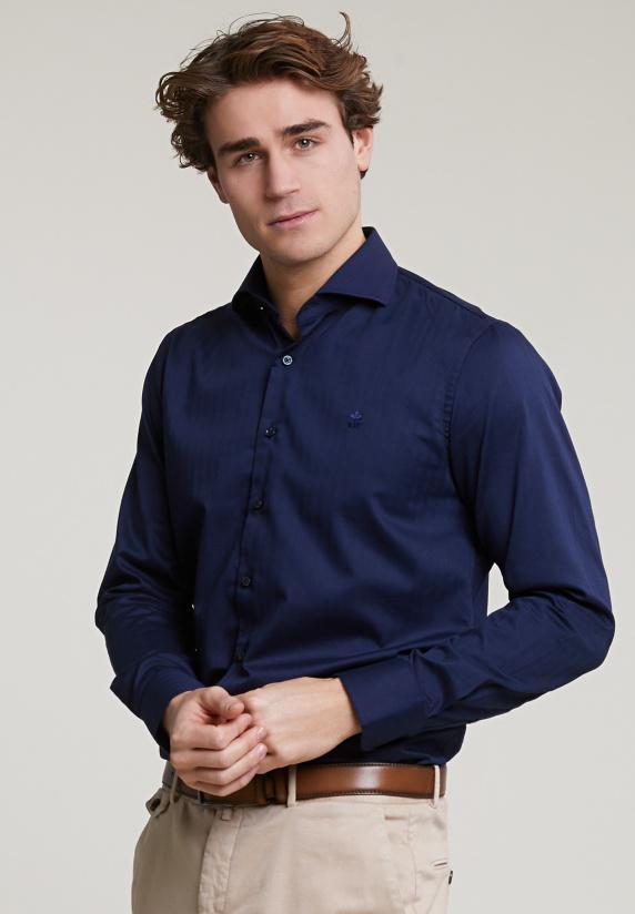 river woods Custom fit effen stretch hemd blauw