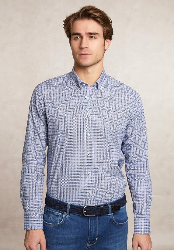 river woods Custom fit fantasiehemd blauw/wit