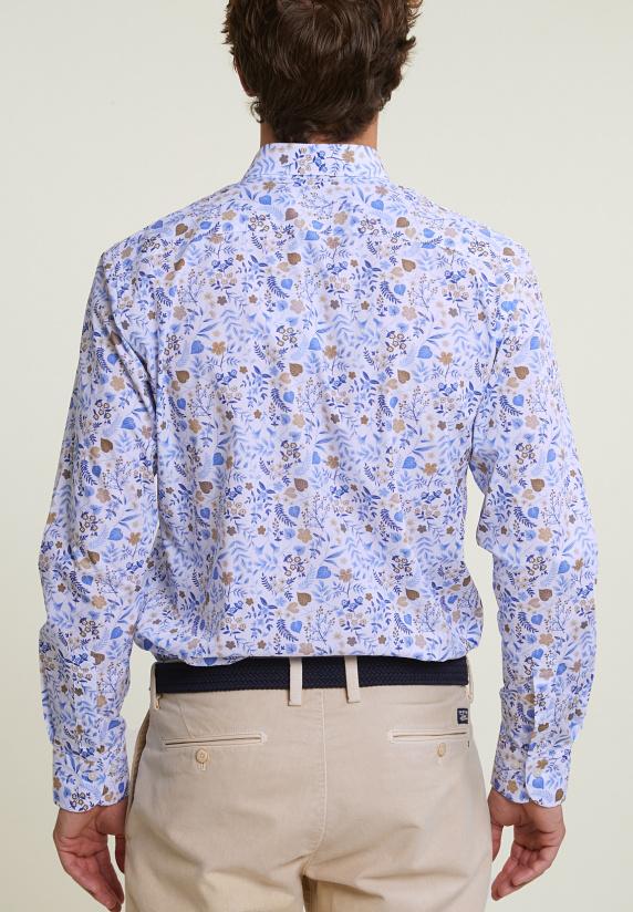 River Woods Custom Fit Gebloemd Hemd Blauw/beige