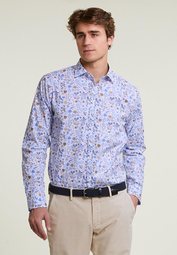 river woods Custom fit gebloemd hemd blauw/beige