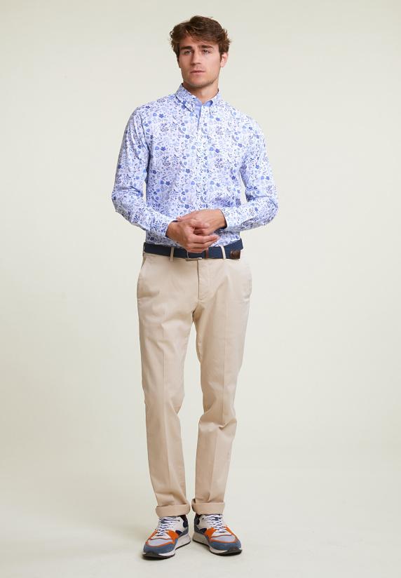 River Woods Custom Fit Gebloemd Hemd Blauw/wit