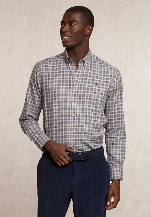river woods Custom fit geruit hemd beige/bruin