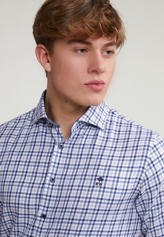 River Woods Custom Fit Geruit Hemd Blauw/beige