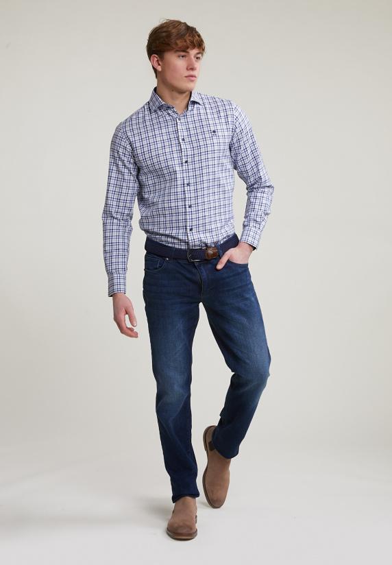 River Woods Custom Fit Geruit Hemd Blauw/beige