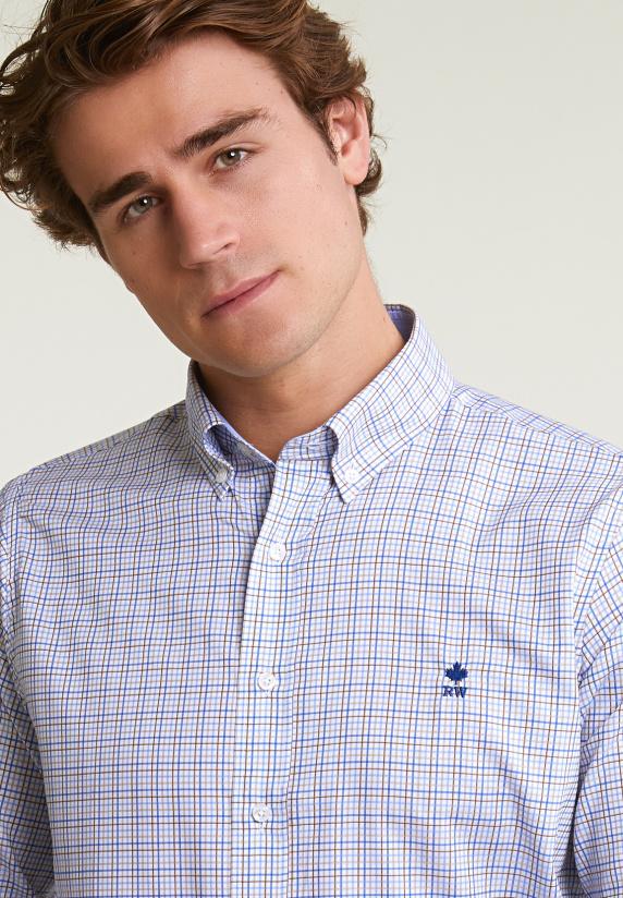 River Woods Custom Fit Geruit Hemd Blauw/beige