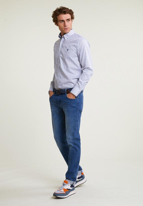 River Woods Custom Fit Geruit Hemd Blauw/beige