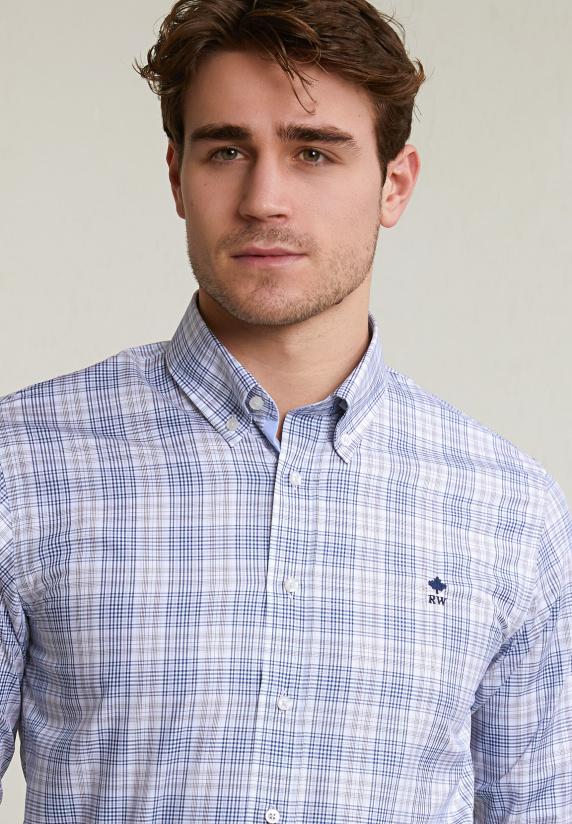 River Woods Custom Fit Geruit Hemd Blauw/beige