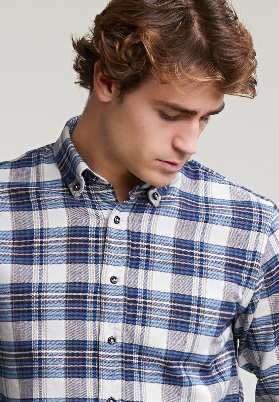 River Woods Custom Fit Geruit Hemd Blauw/beige