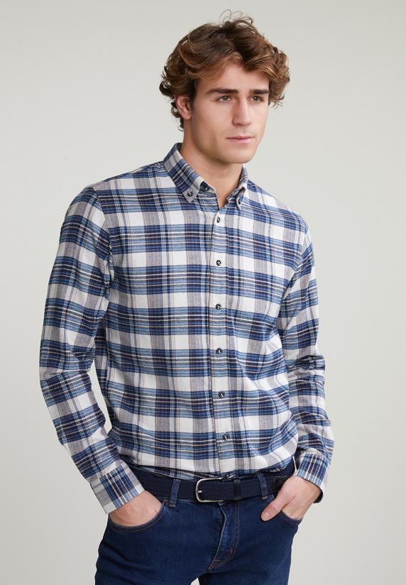 river woods Custom fit geruit hemd blauw/beige