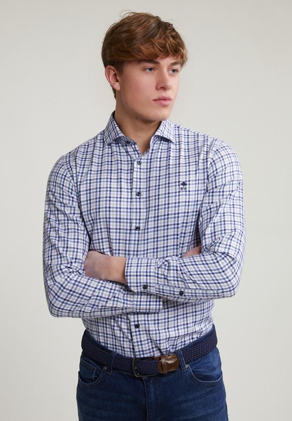 river woods Custom fit geruit hemd blauw/beige