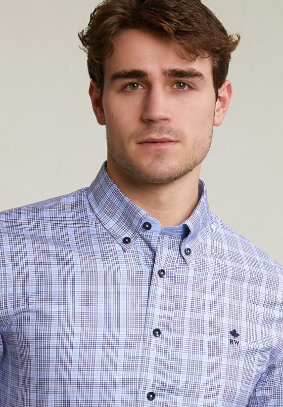 River Woods Custom Fit Geruit Hemd Blauw