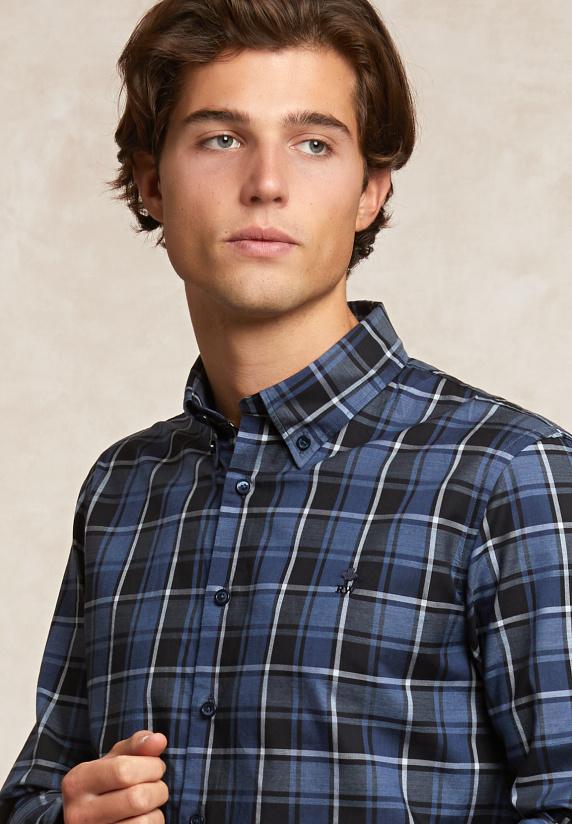 River Woods Custom Fit Geruit Hemd Blauw/grijs