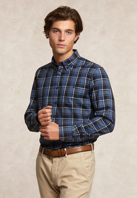 River Woods Custom Fit Geruit Hemd Blauw/grijs