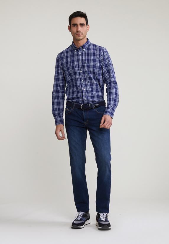 River Woods Custom Fit Geruit Hemd Blauw/grijs