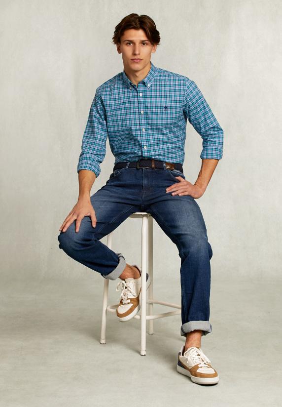 River Woods Custom Fit Geruit Hemd Blauw/groen