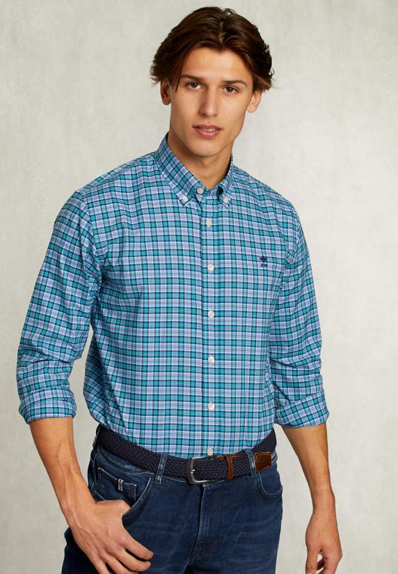 river woods Custom fit geruit hemd blauw/groen