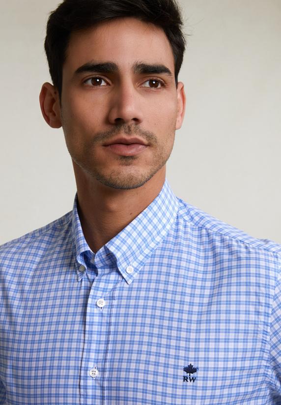 River Woods Custom Fit Geruit Hemd Blauw/wit