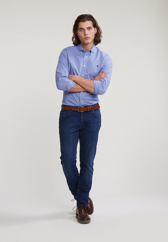 River Woods Custom Fit Geruit Hemd Blauw/wit