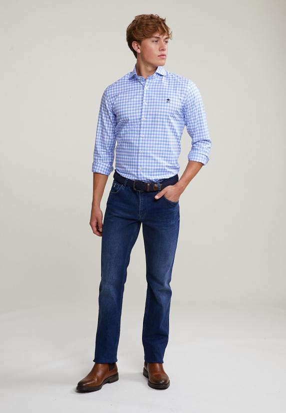 River Woods Custom Fit Geruit Hemd Blauw/wit