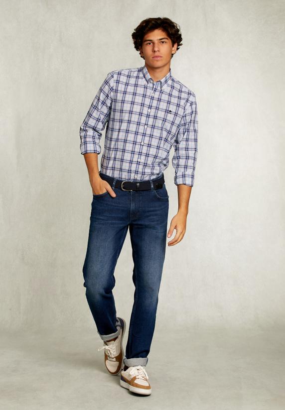 River Woods Custom Fit Geruit Hemd Blauw/wit