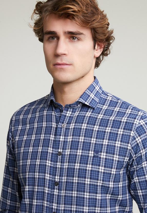 River Woods Custom Fit Geruit Hemd Blauw/wit