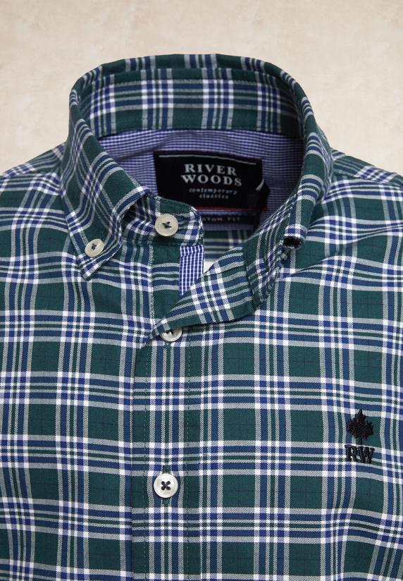 River Woods Custom Fit Geruit Hemd Groen/blauw