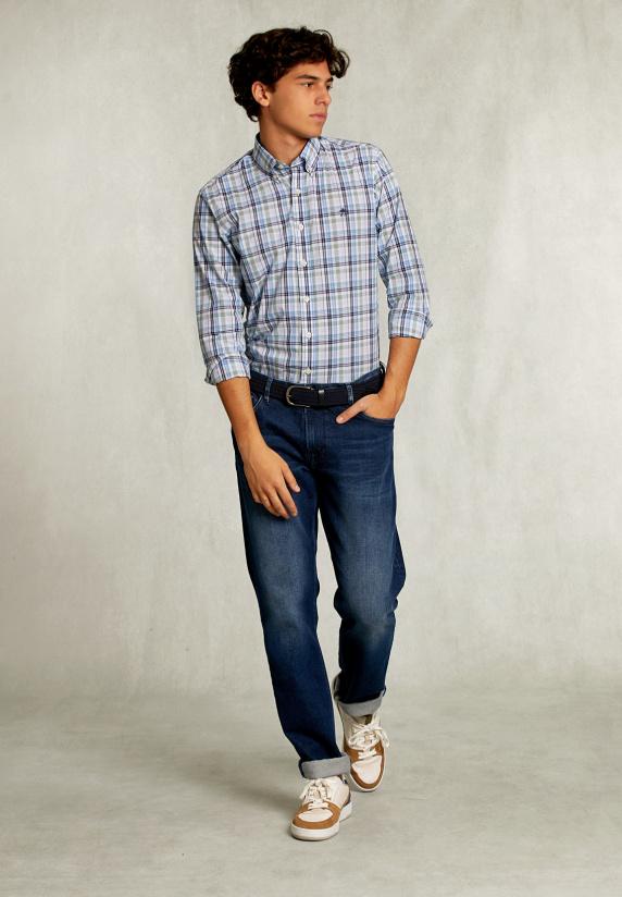 River Woods Custom Fit Geruit Hemd Groen/blauw