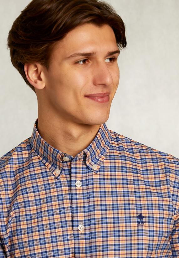 River Woods Custom Fit Geruit Hemd Oranje/blauw