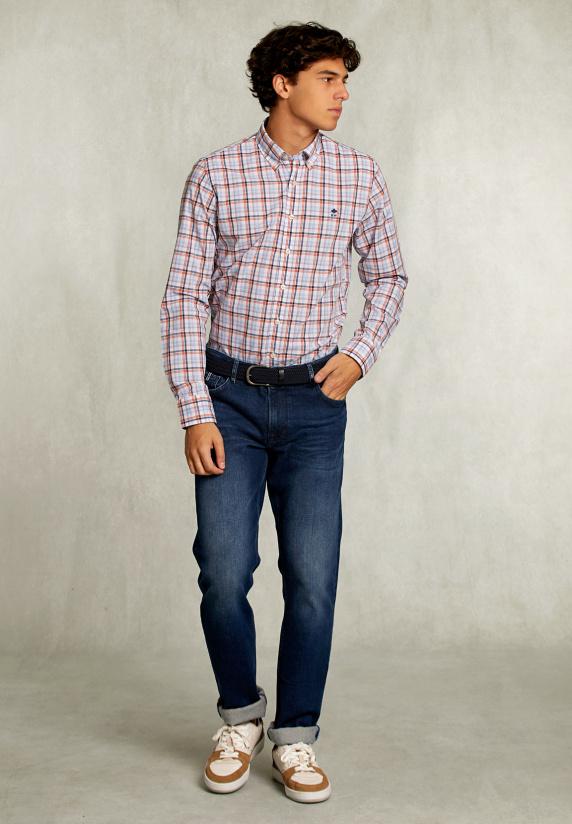 River Woods Custom Fit Geruit Hemd Oranje/blauw