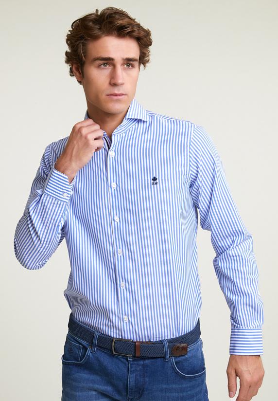 river woods Custom fit gestreept hemd blauw/wit