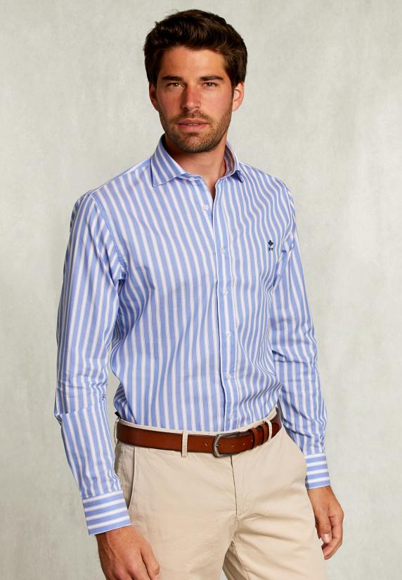 river woods Custom fit gestreept hemd blauw/wit