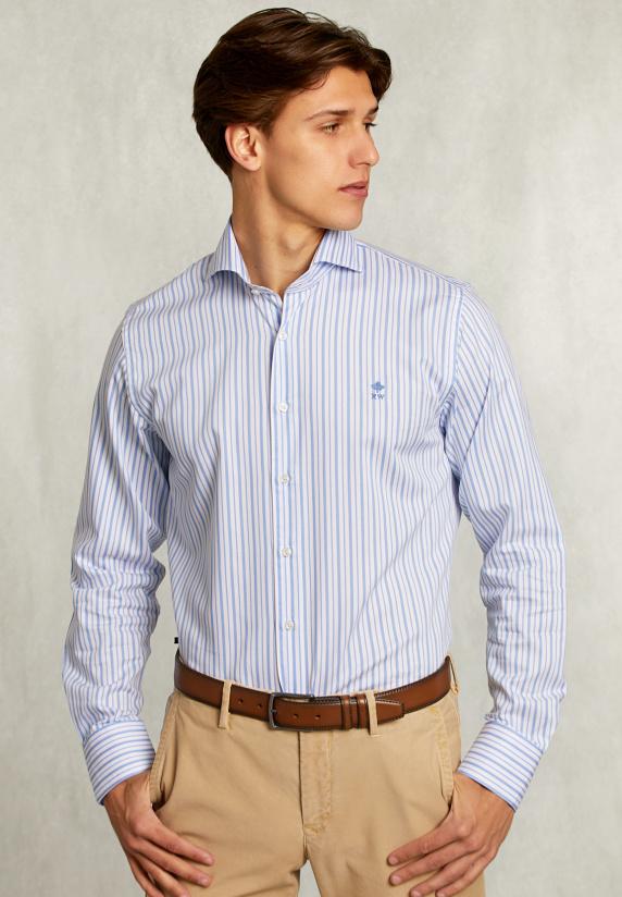 river woods Custom fit gestreept hemd blauw/wit