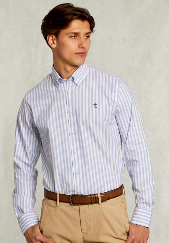 river woods Custom fit gestreept hemd blauw/wit