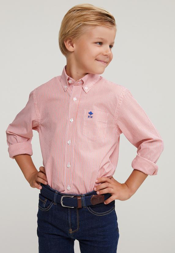 River Woods Custom Fit Gestreept Hemd Rood/wit