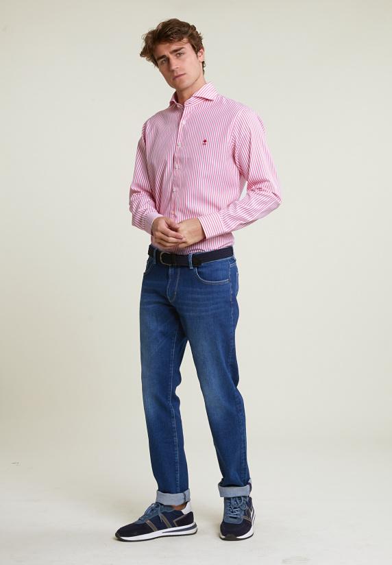 River Woods Custom Fit Gestreept Hemd Roze/wit