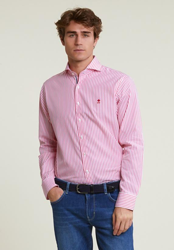 river woods Custom fit gestreept hemd roze/wit
