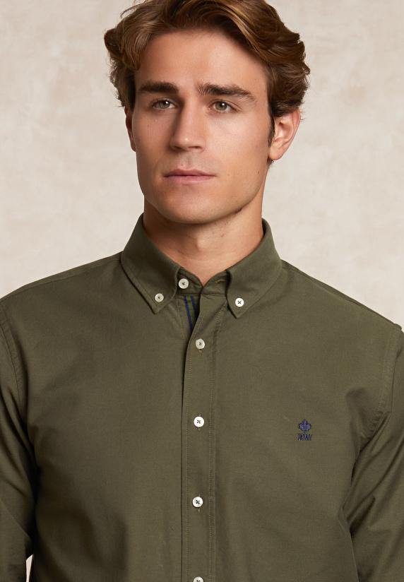 River Woods Custom Fit Katoenen Effen Hemd Kaki