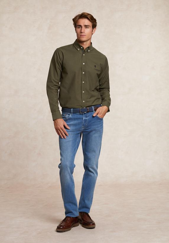 River Woods Custom Fit Katoenen Effen Hemd Kaki