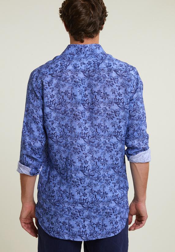 River Woods Custom Fit Linnen Gebloemd Hemd Blauw