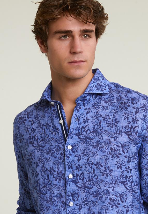 River Woods Custom Fit Linnen Gebloemd Hemd Blauw