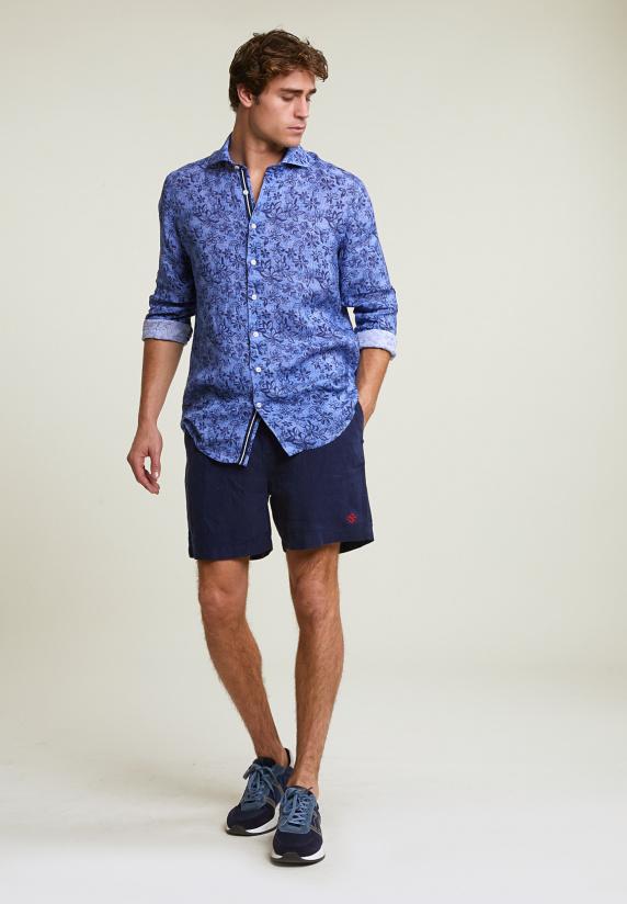 River Woods Custom Fit Linnen Gebloemd Hemd Blauw