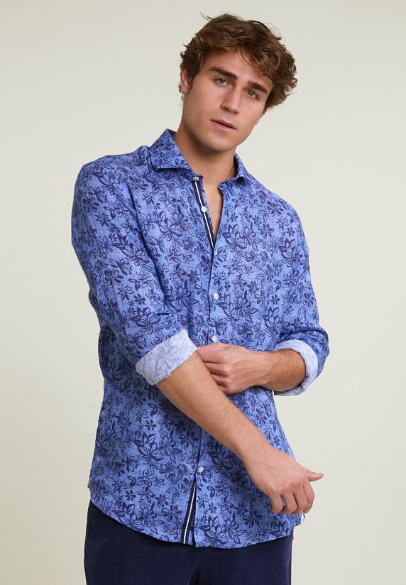 river woods Custom fit linnen gebloemd hemd blauw