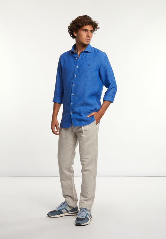 River Woods Custom Fit Linnen Hemd Blauw