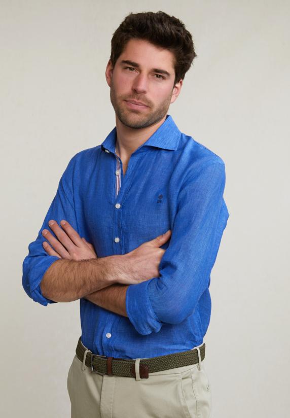 river woods Custom fit linnen hemd blauw
