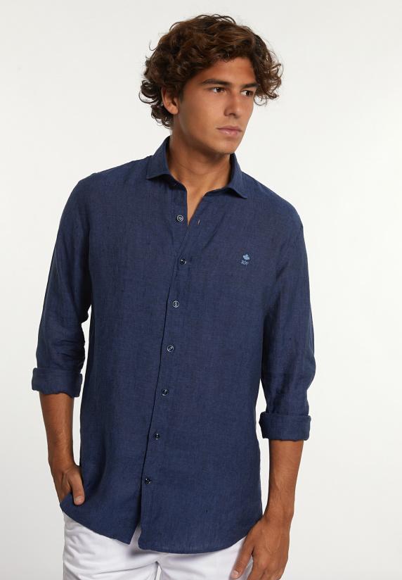 river woods Custom fit linnen hemd blauw